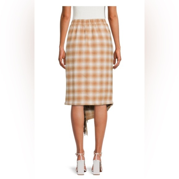 Tan and white plaid look Fringed Faux Wrap Skirt size large 12 14 brand new - Picture 4 of 7